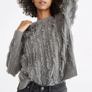 Madewell Fringe-Stripe Pullover Sweater 100% Merino Wool in Heather Grey NWOT Si